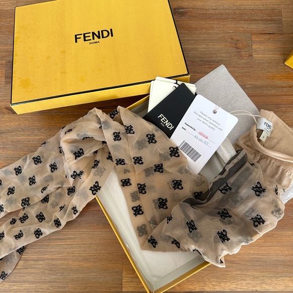 Authenticated FENDI Karligraphy Nude/Black Embroidered Tights - Picture 2 of 5
